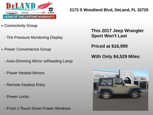 Used 2017 Jeep Wrangler Sport w/ Quick Order Package 24S AWD/4WD image 3