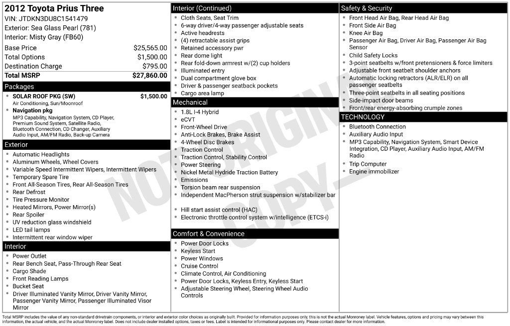 Used 2012 Toyota Prius Three w/ Solar Roof Pkg FWD image 11