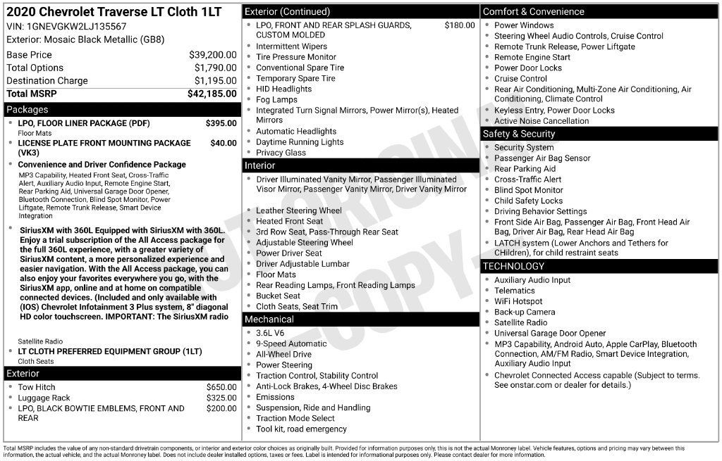 Used 2020 Chevrolet Traverse LT w/ LPO, Floor Liner Package AWD/4WD image 5