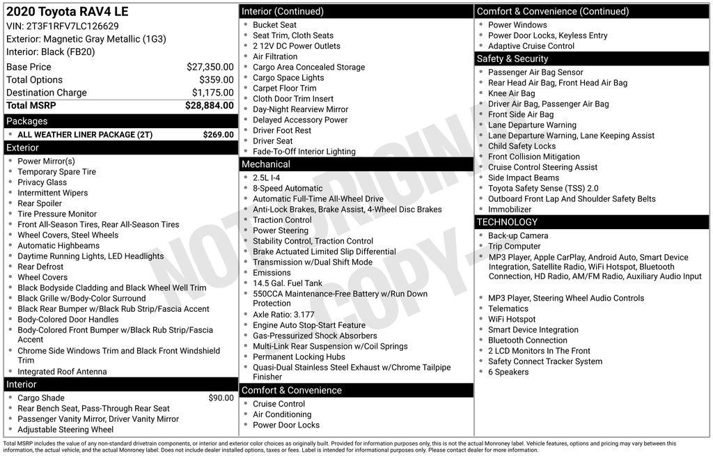 Used 2020 Toyota RAV4 LE w/ All Weather Liner Package AWD/4WD image 26