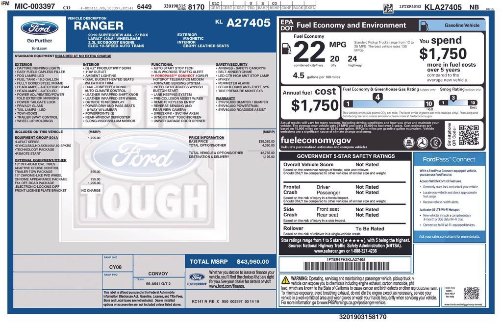 Used 2019 Ford Ranger Lariat w/ Equipment Group 501A Mid AWD/4WD image 1