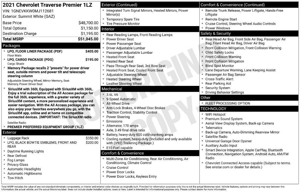 Used 2021 Chevrolet Traverse Premier w/ LPO, Floor Liner Package AWD/4WD image 6
