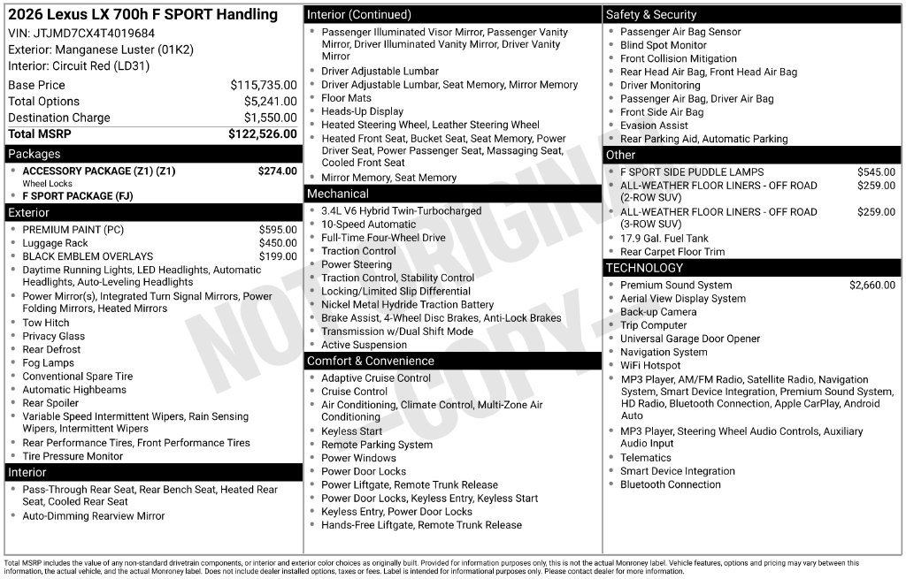 New 2026 Lexus LX 700h F Sport w/ Accessory Package (Z1) AWD/4WD image 4