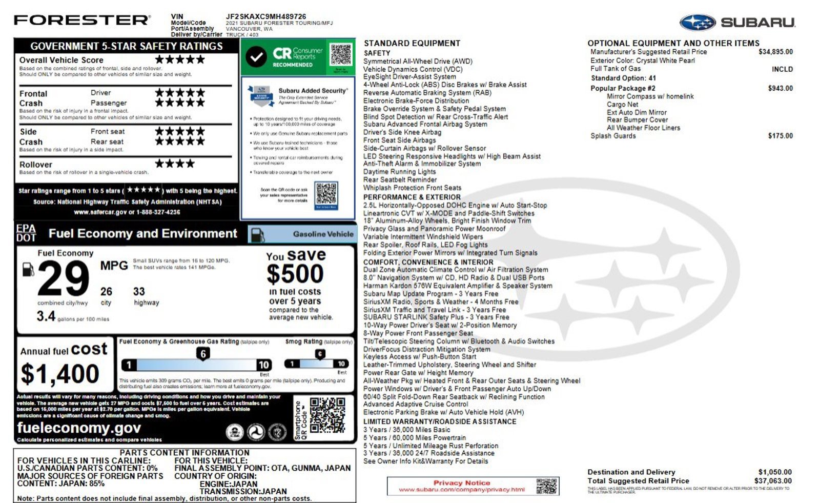 Used 2021 Subaru Forester Touring w/ Popular Package #2 AWD/4WD image 3