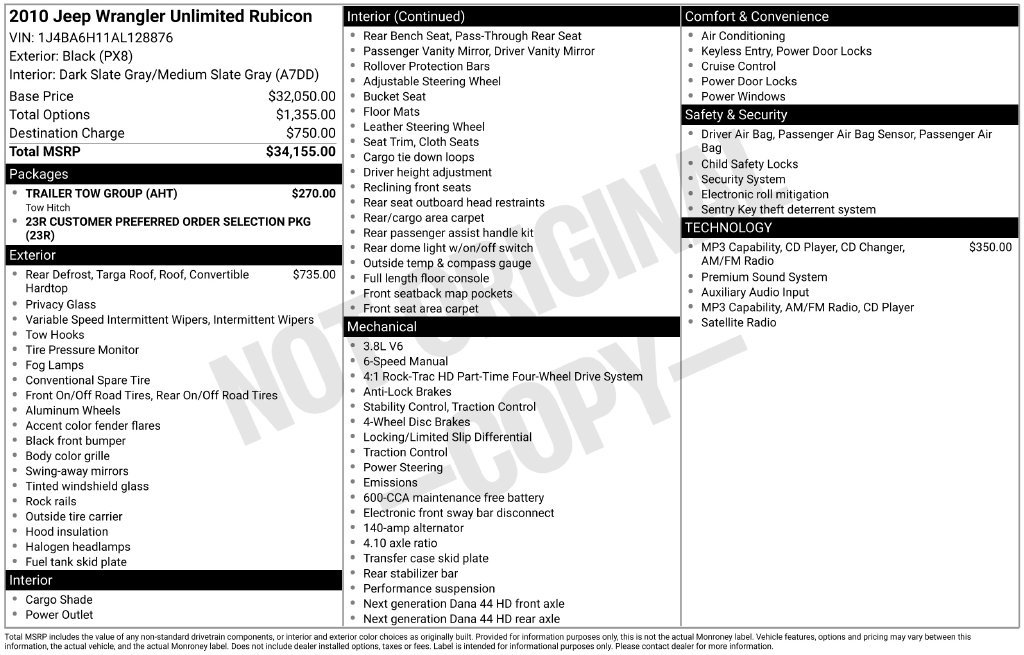 Used 2010 Jeep Wrangler Unlimited Rubicon w/ Trailer Tow Group AWD/4WD image 1