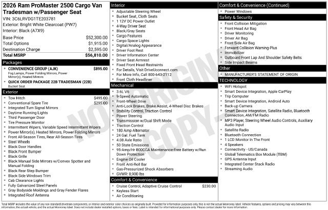 New 2026 RAM ProMaster 2500 w/ Convenience Group FWD image 29