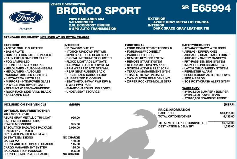 Used 2025 Ford Bronco Sport Badlands w/ Sasquatch Badlands Package AWD/4WD image 2
