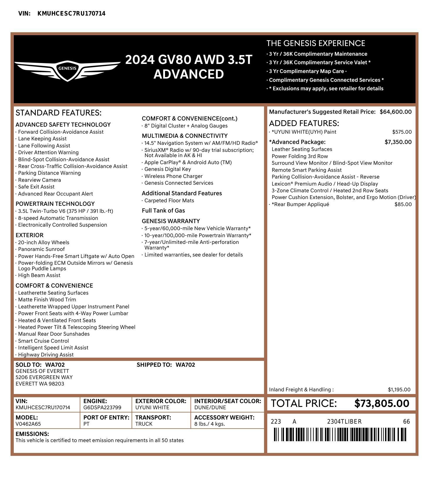 Used 2024 Genesis GV80 3.5T Advanced w/ Advanced Package AWD/4WD image 2