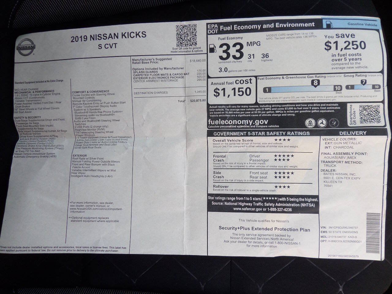 Used 2019 Nissan Kicks S w/ Exterior Electronics Package FWD image 69