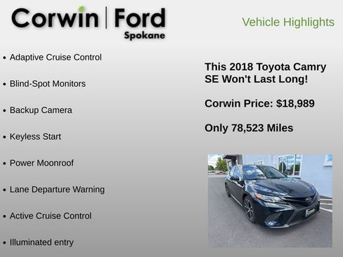 Used 2018 Toyota Camry SE w/ Moonroof Package FWD image 6