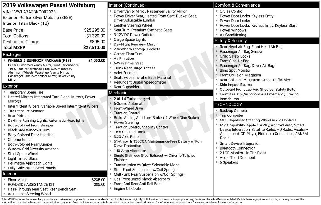 Used 2019 Volkswagen Passat 2.0T Wolfsburg w/ Wheels & Sunroof Package FWD image 1