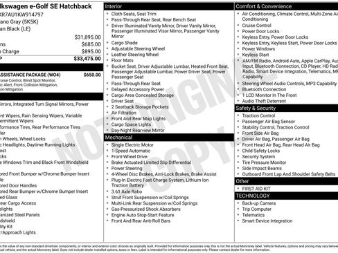 Used 2019 Volkswagen e-Golf SE w/ Driver Assistance Package FWD image 2