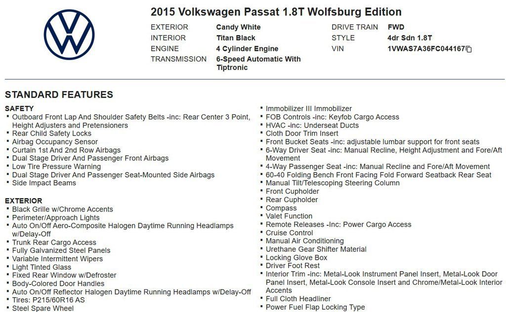 Used 2015 Volkswagen Passat 1.8T Wolfsburg Edition FWD image 15