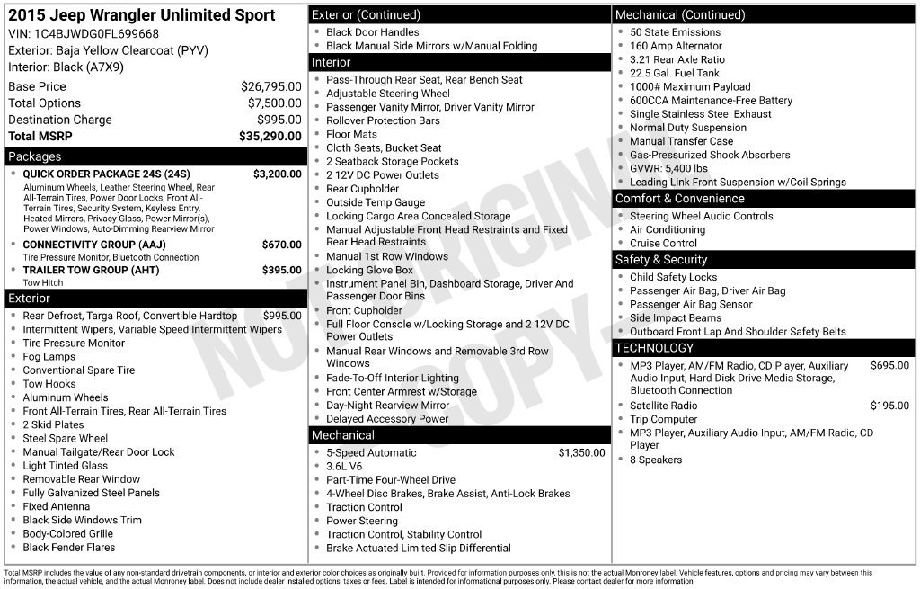 Used 2015 Jeep Wrangler Unlimited Sport w/ Quick Order Package 24S AWD/4WD image 25