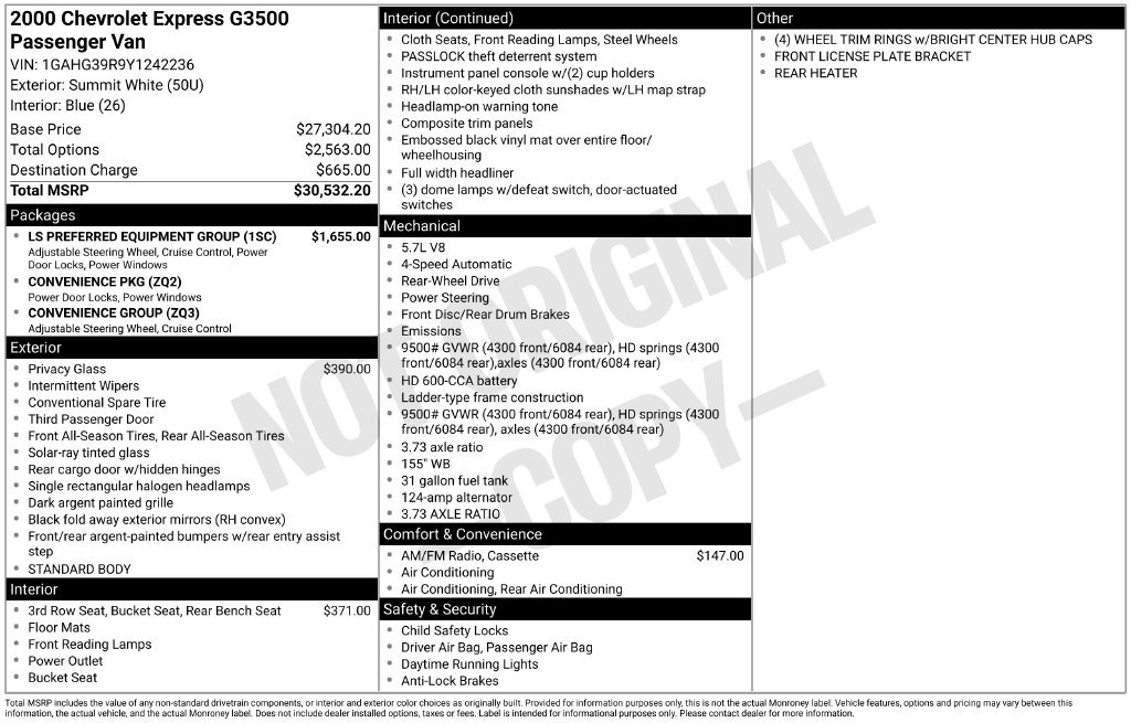 Used 2000 Chevrolet Express 3500 Extended Passenger w/ LS Preferred Equipment Group RWD image 29