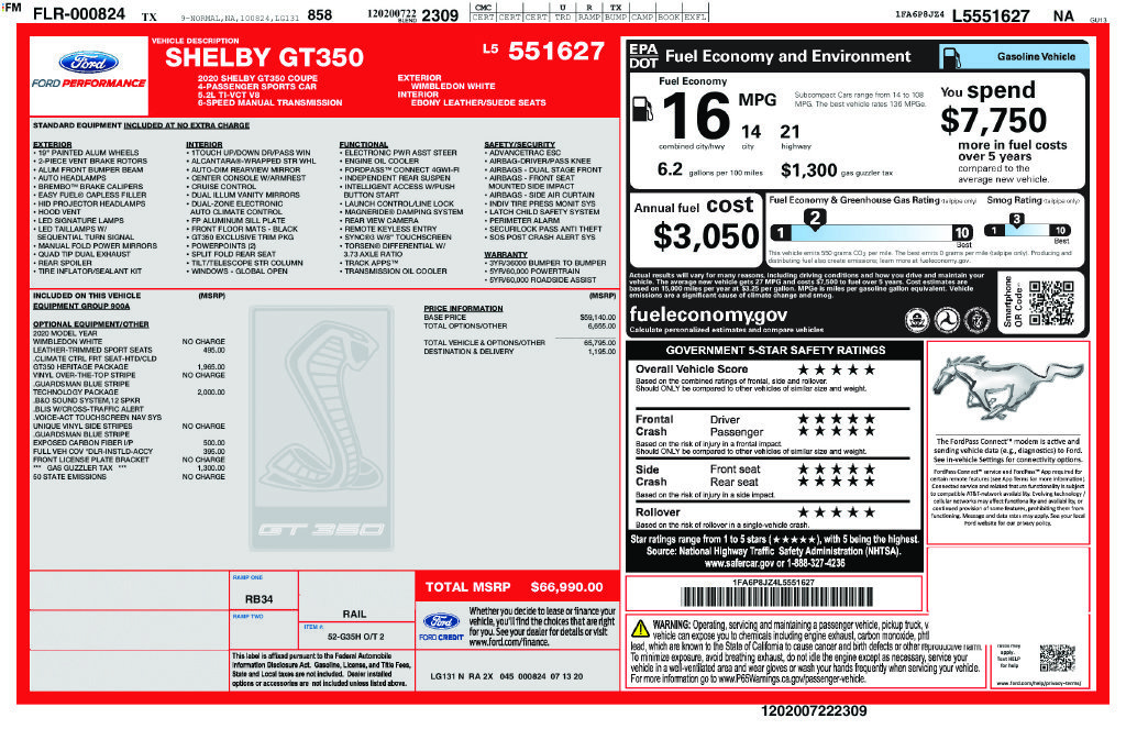 Certified 2020 Ford Mustang Shelby GT350 w/ Technology Package RWD image 2
