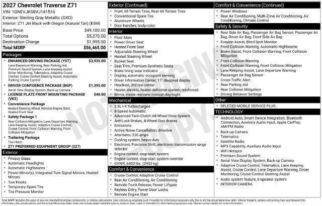 New 2027 Chevrolet Traverse Z71 w/ Enhanced Driving Package AWD/4WD image 2