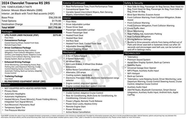 Used 2024 Chevrolet Traverse RS w/ LPO, Floor Liner Package AWD/4WD image 5
