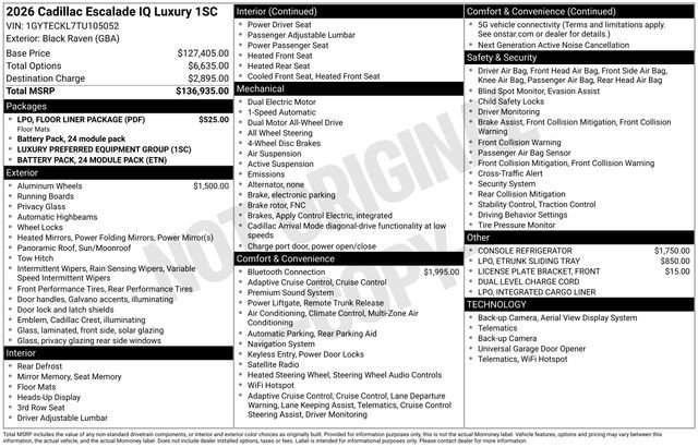 New 2026 Cadillac Escalade IQ Luxury 1 w/ LPO, Floor Liner Package AWD/4WD image 29