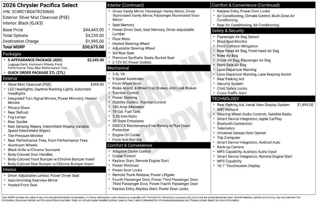 Used 2026 Chrysler Pacifica Select w/ S Appearance Package FWD image 8