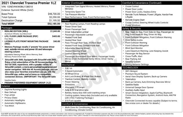 Used 2021 Chevrolet Traverse Premier w/ Redline Edition AWD/4WD image 34