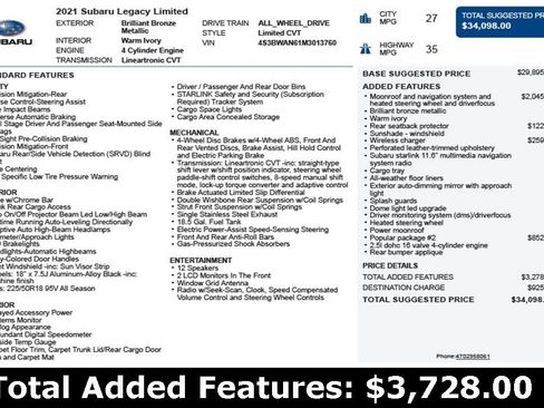 Used 2021 Subaru Legacy Limited w/ Popular Package #2 image 3