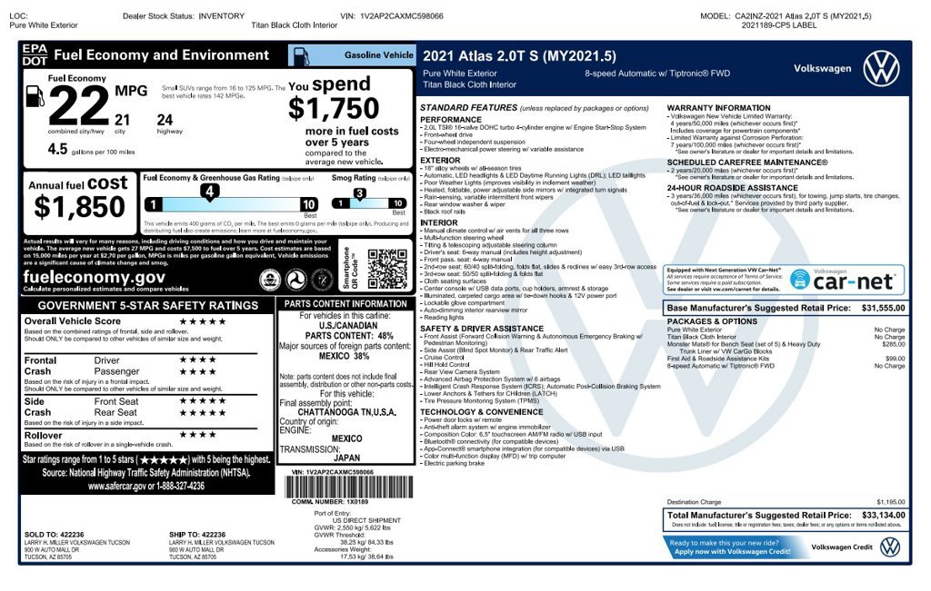 Used 2021 Volkswagen Atlas S FWD image 3