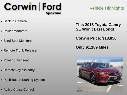 Used 2018 Toyota Camry SE w/ Moonroof Package FWD image 6