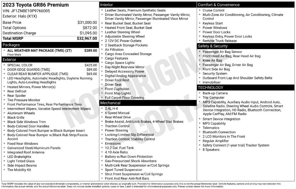 Used 2023 Toyota GR86 Premium w/ ALL Weather Mat Package (TMS) RWD image 12