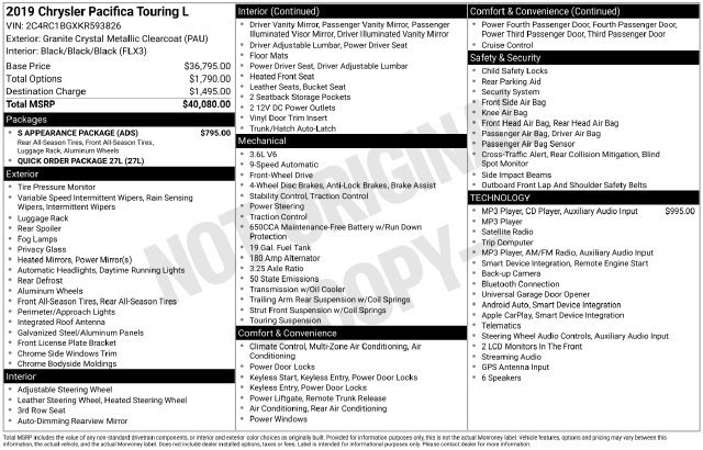 Used 2019 Chrysler Pacifica Touring-L w/ S Appearance Package FWD image 2