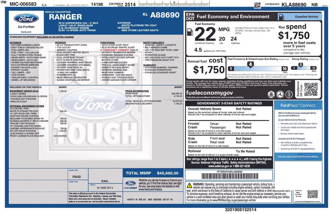 Certified 2019 Ford Ranger Lariat w/ Equipment Group 501A Mid AWD/4WD image 33