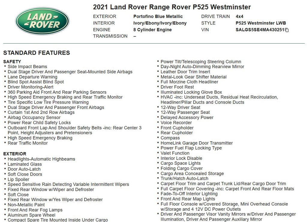 Used 2021 Land Rover Range Rover P525 Westminster Edition LWB AWD/4WD image 17
