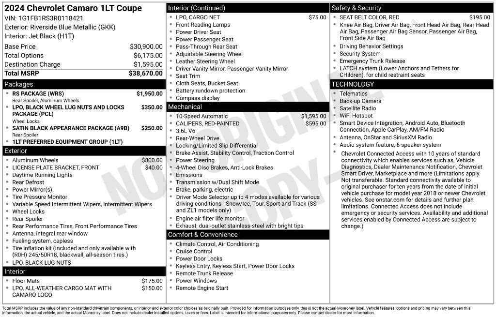 Used 2024 Chevrolet Camaro LT w/ RS Package RWD image 13