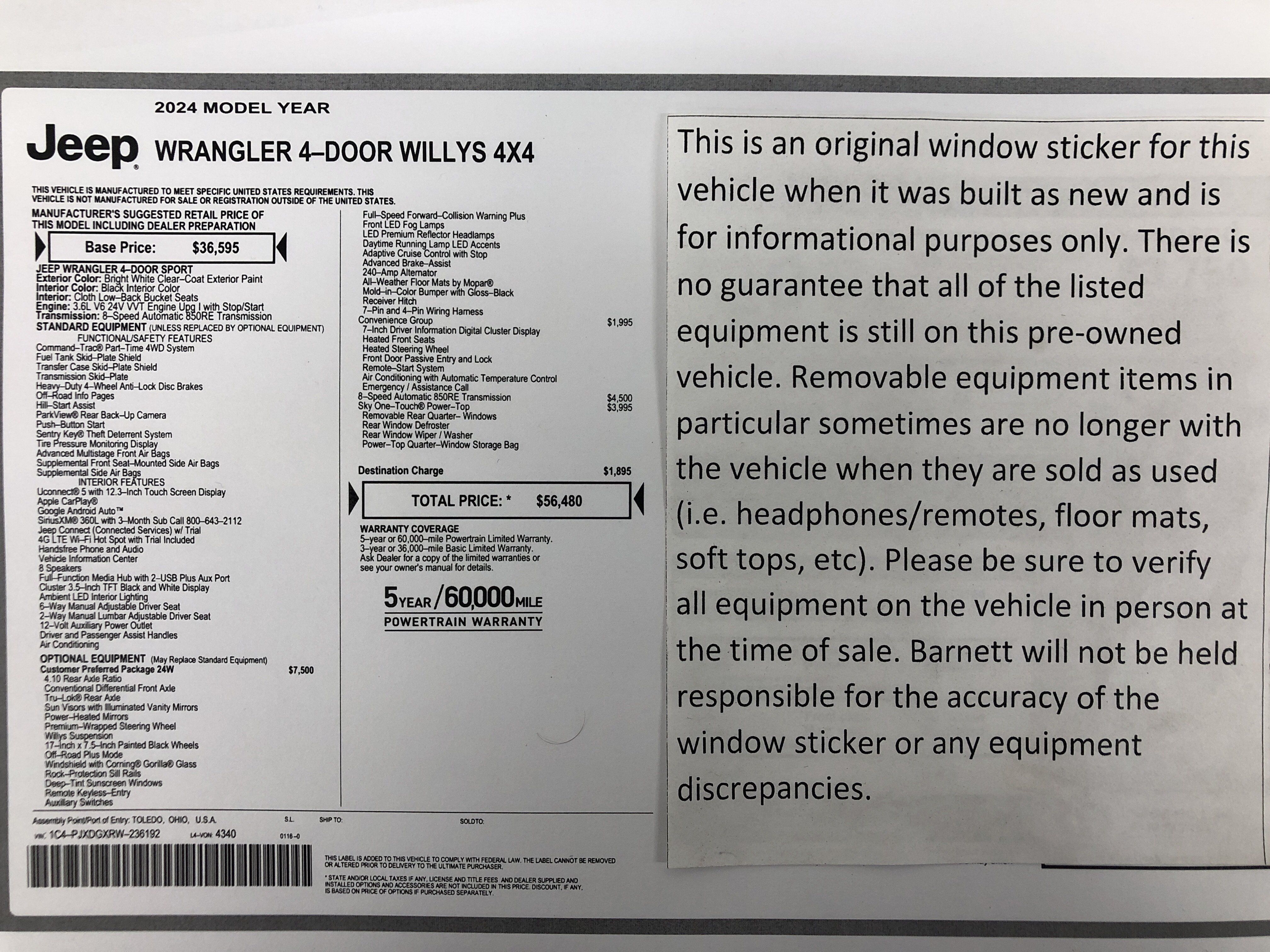 Certified 2024 Jeep Wrangler Unlimited Sport AWD/4WD image 2