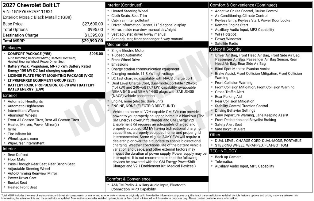 New 2027 Chevrolet Bolt LT w/ Comfort Package FWD image 3