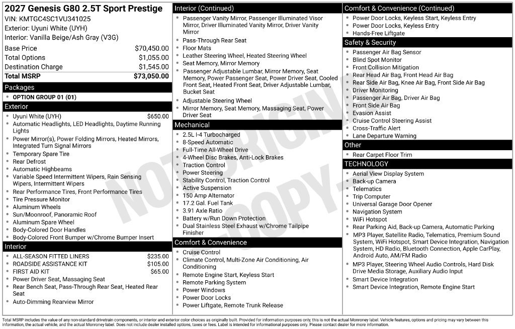 New 2027 Genesis G80 2.5T Sport Prestige AWD/4WD image 26