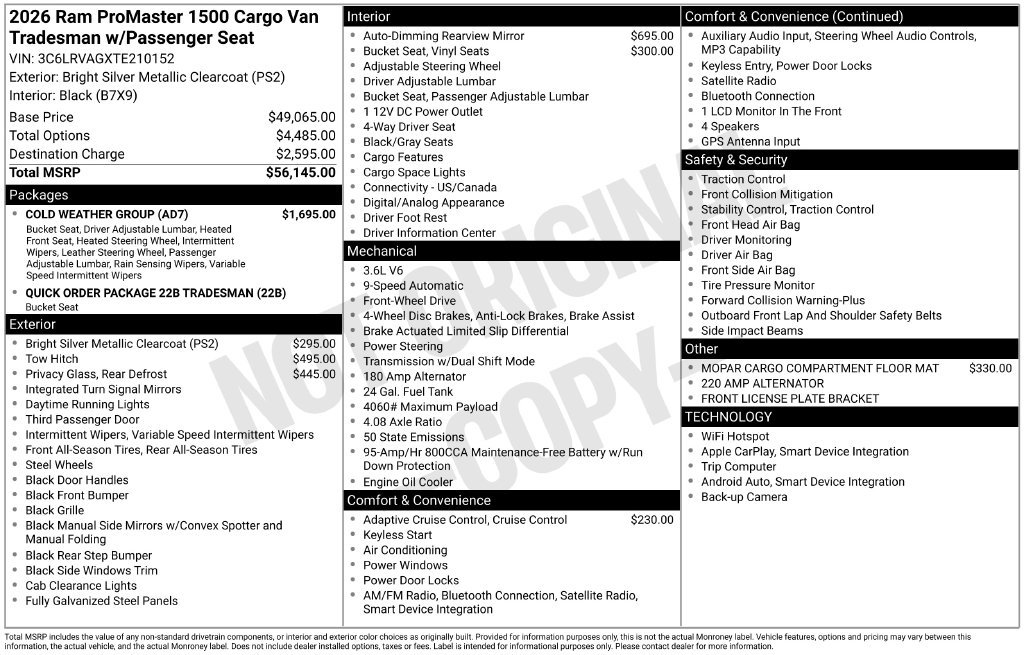 New 2026 RAM ProMaster 1500 w/ Cold Weather Group FWD image 3