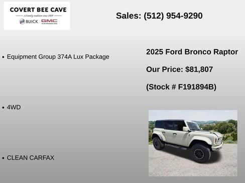 Used 2025 Ford Bronco Raptor w/ Interior Carbon Fiber Pack AWD/4WD image 6