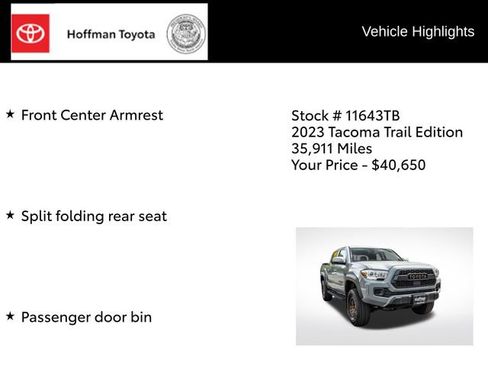 Certified 2023 Toyota Tacoma 4x4 Double Cab w/ Trail Edition image 18