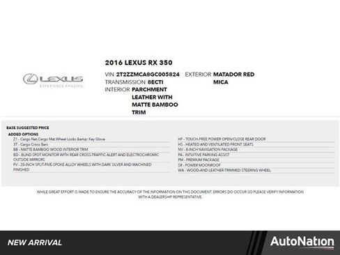 Used 2016 Lexus RX 350 FWD w/ Premium Package image 1