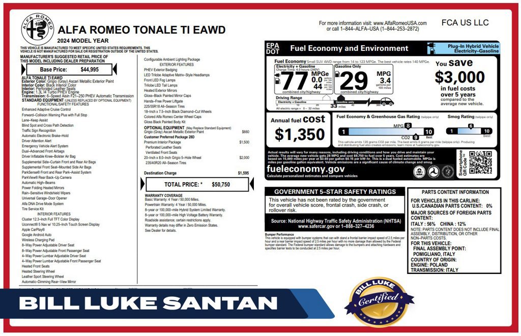 Used 2024 Alfa Romeo Tonale Ti w/ Premium Interior Package AWD/4WD 360° Tour