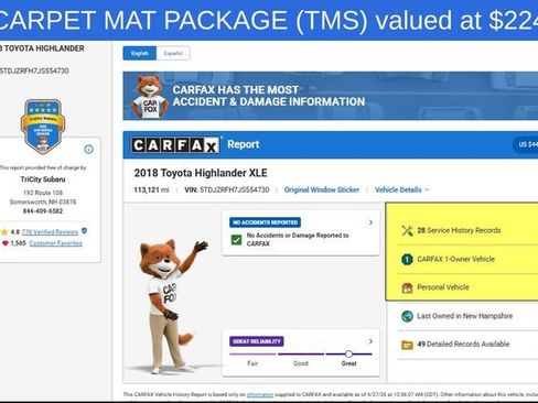 Used 2018 Toyota Highlander XLE w/ Carpet Mat Package (TMS) AWD/4WD image 3