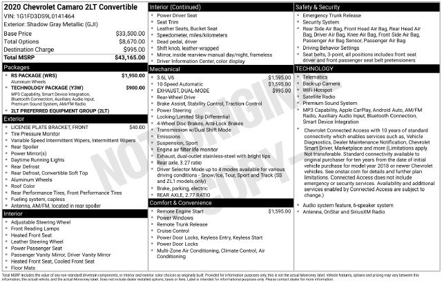 Certified 2020 Chevrolet Camaro LT w/ RS Package RWD image 37