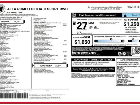 Used 2019 Alfa Romeo Giulia Ti Sport w/ Quick Order Package 22U Sport RWD image 3