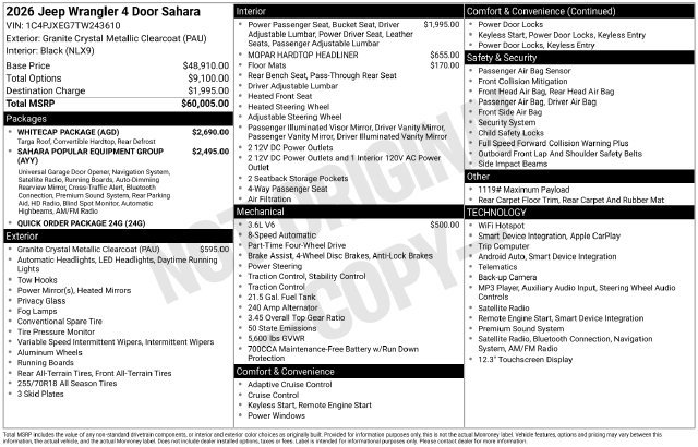 New 2026 Jeep Wrangler Unlimited Sahara w/ Whitecap Package AWD/4WD image 43