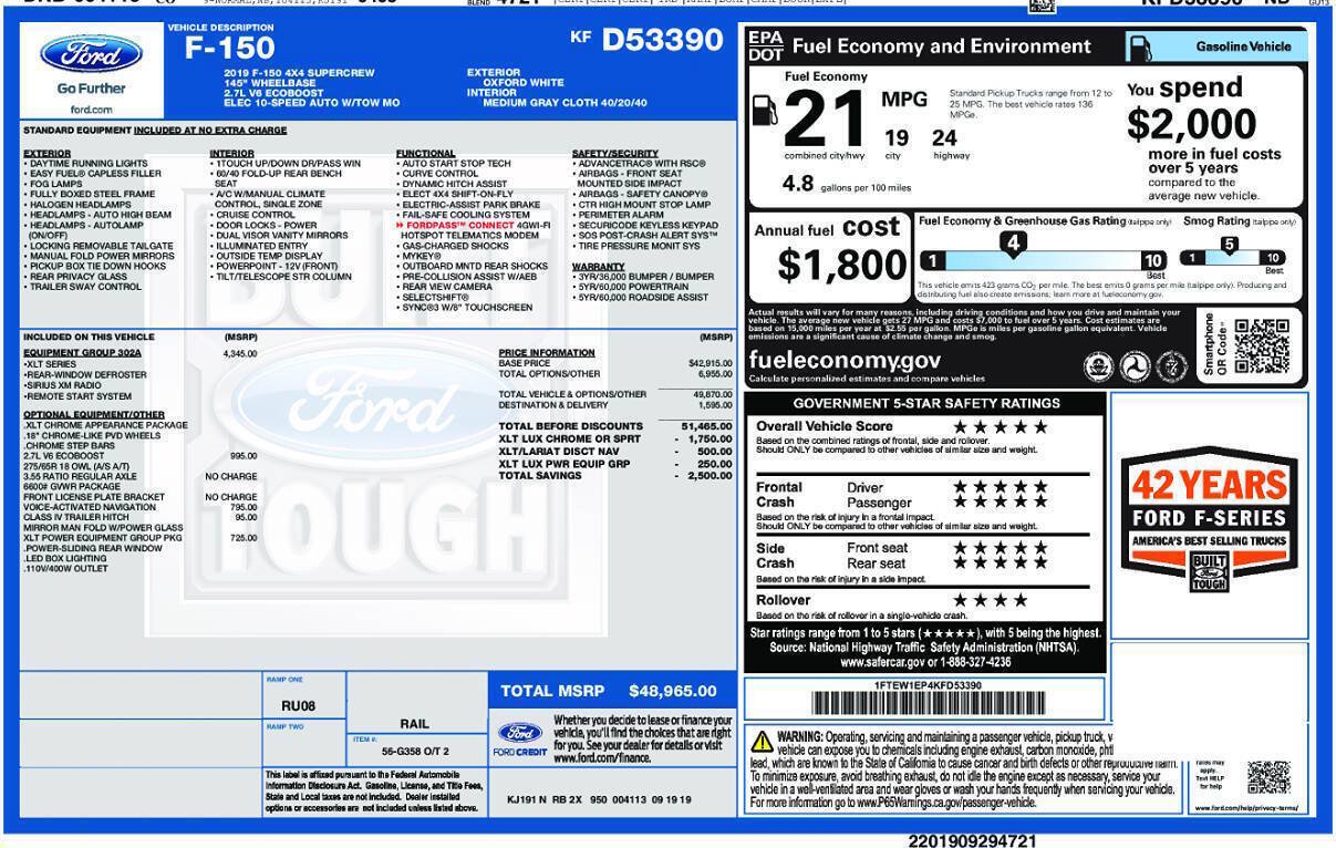 Used 2019 Ford F150 XLT w/ Equipment Group 302A Luxury AWD/4WD image 2