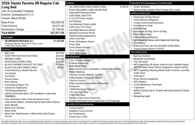 New 2026 Toyota Tacoma SR w/ SR Upgrade Package RWD image 1