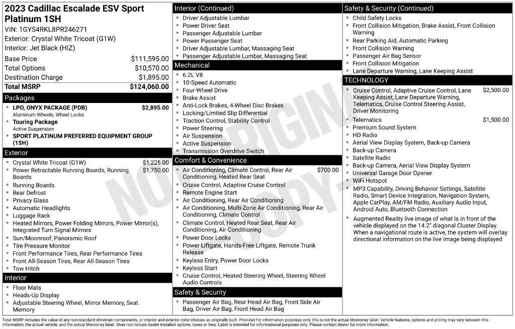 Used 2023 Cadillac Escalade ESV Sport Platinum w/ LPO, ONYX Package AWD/4WD image 2