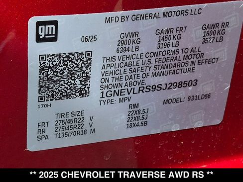 Used 2025 Chevrolet Traverse RS w/ LPO, Floor Liner Package AWD/4WD image 29