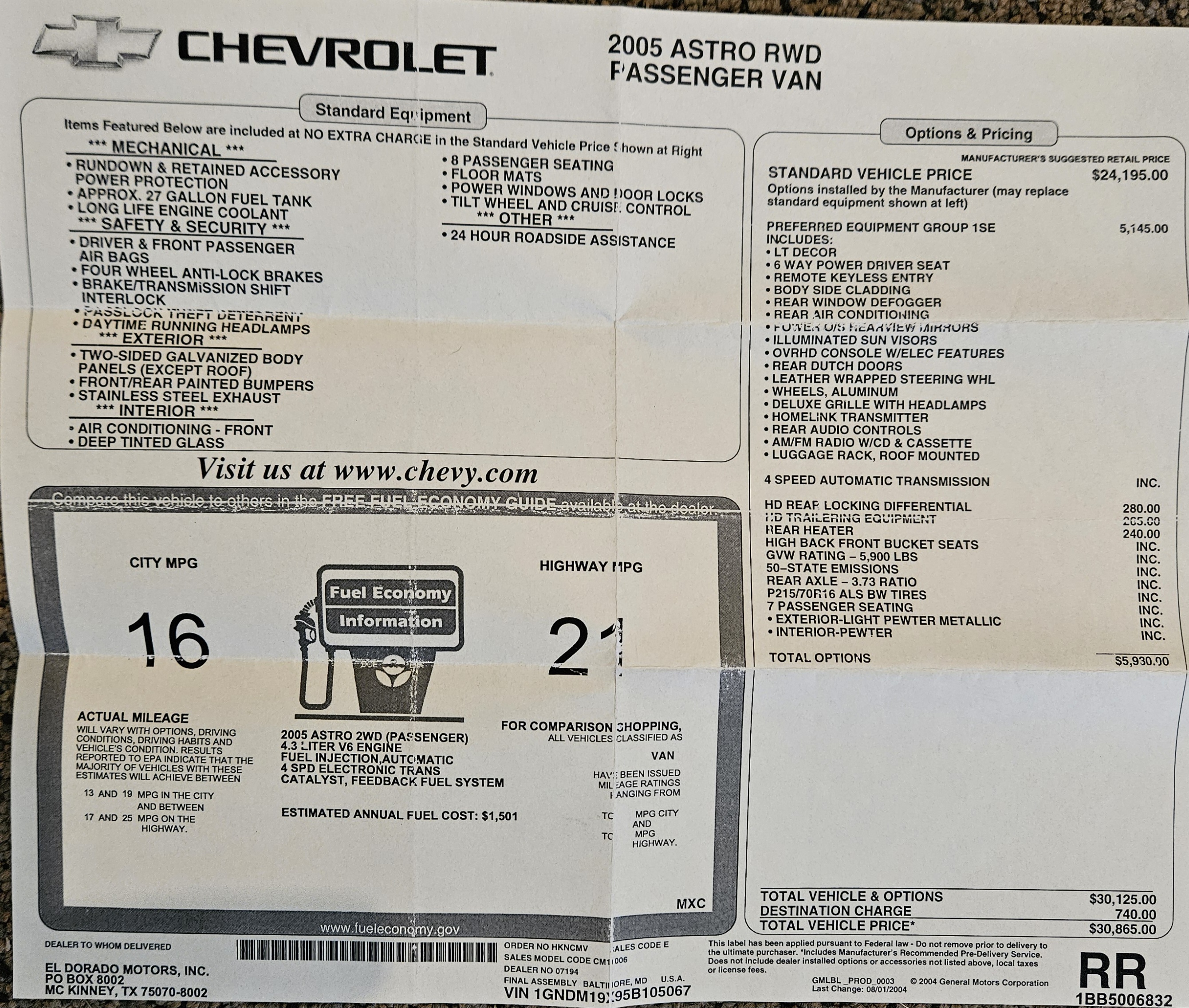 Used 2005 Chevrolet Astro Passenger w/ LT Preferred Equipment Group RWD image 13